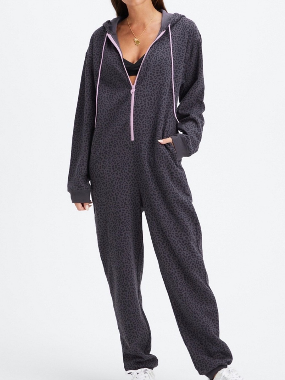 Fabletics Forever Fleece Hooded Onesie Pewter Leopard Orchid Print XL
